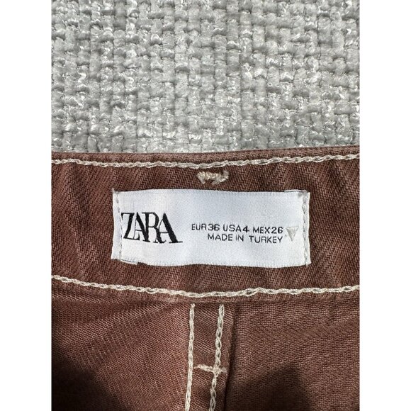 Zara Jeans Womens 4 28x33 Brown Wide Leg High Rise Raw Hem Boho - Picture 3 of 9